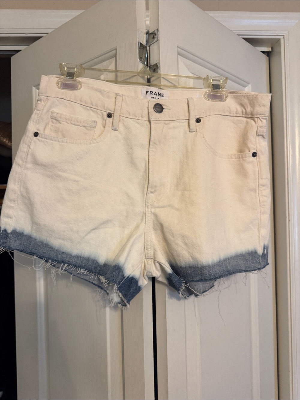 Frame Denim-Le Brigette Short-White Dip-Dye Cutoffs with Blue Hem